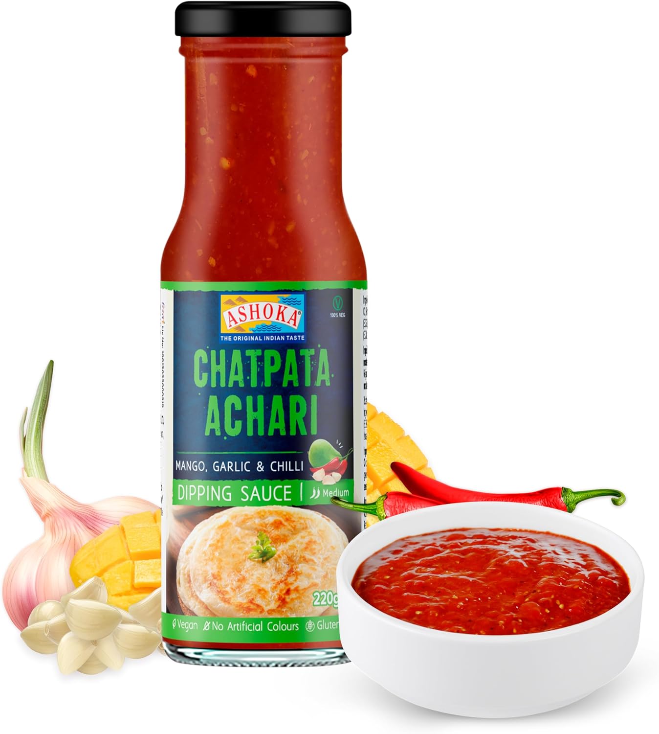 Ashoka Since 1932 | Tangy Pickle | Dipping & Wing Sauce | Kosher Certified | Gluten-Free | Gourmet Vegan Sauce with Mango, Chili & Garlic Blend | 220 Grams
