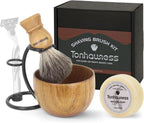 Shaving Brush Kit For Men, 4 In 1 Shaving Brushes Set Includes Badger Hair Shaving Brush, Wood Bowl, Stainless Steel Shaving Stand and Goat Milk Shaving Soap