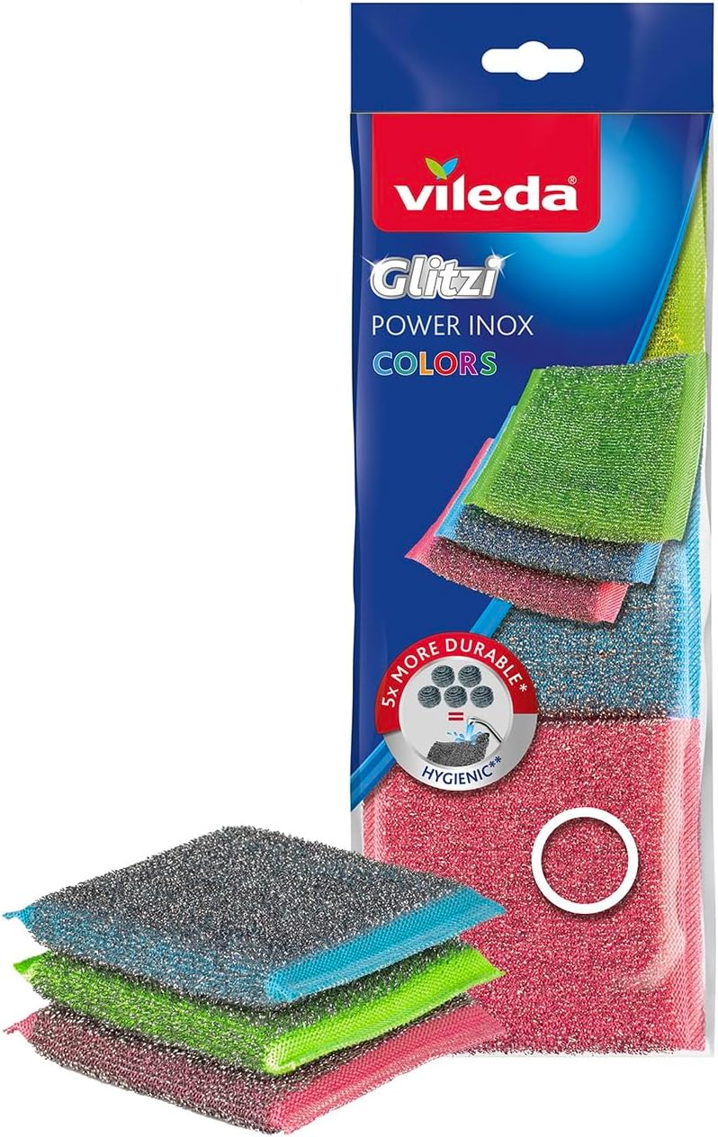 Vileda Glitzi Power Stainless Steel Colors, Coloured Scourers, Stainless Steel Exterior, Very Hygienic, Exceptional Cleaning Power, Durable and Resistant, Easily Removes Dirt and Residues