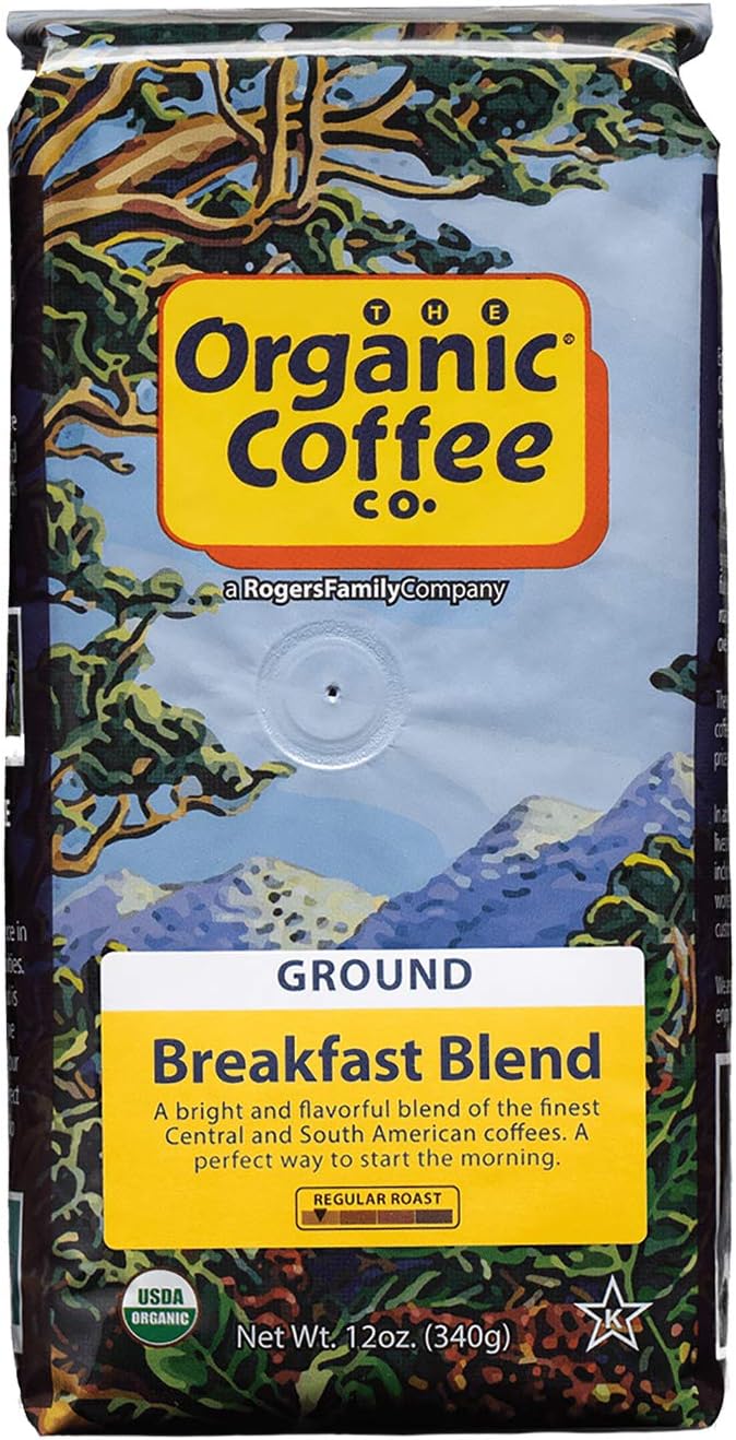 Organic Coffee Co. Breakfast Blend Ground Coffee 12 Ounce Medium Light Roast USDA Organic