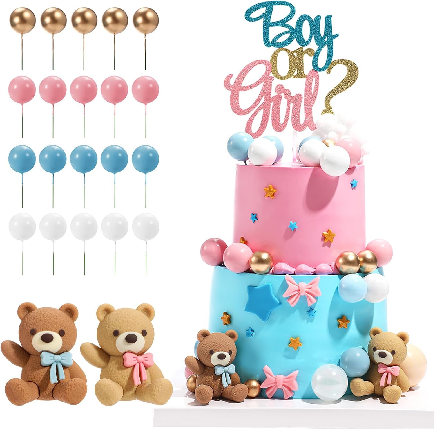23 PCS Gender Reveal Cake Toppers, Beaer Balls Cake Decorations with Boy or Girl for Gender Reveal Baby Shower Party Supplies