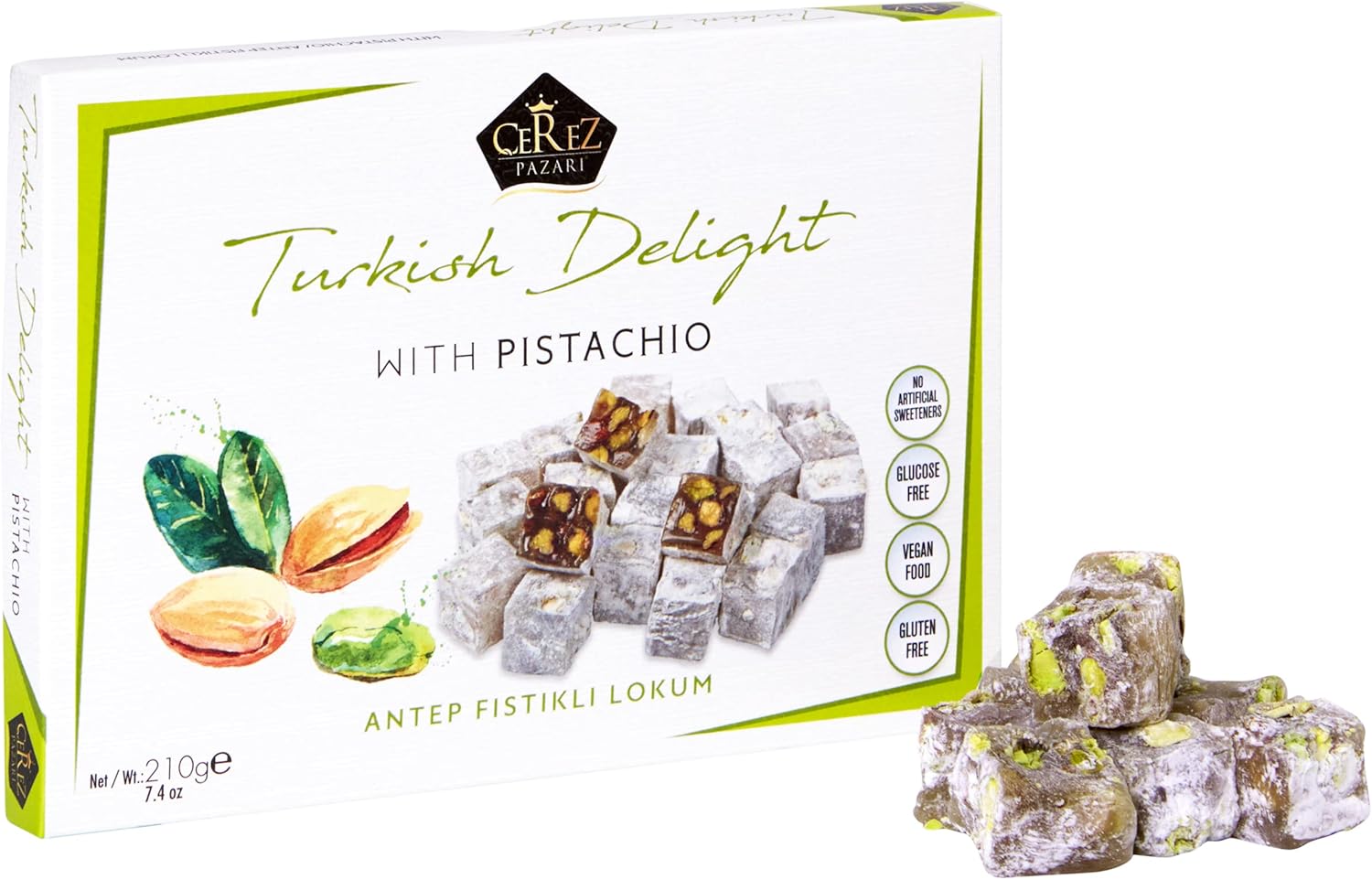 Cerez Pazari Turkish Delight Pistachio Candy, Gourmet Premium Vegan Sweets Small Gift Box, Luxury Traditional Confectionery Loukoumi, Soft Candy Dessert Glucose-Free Lokum, 7.4 oz.