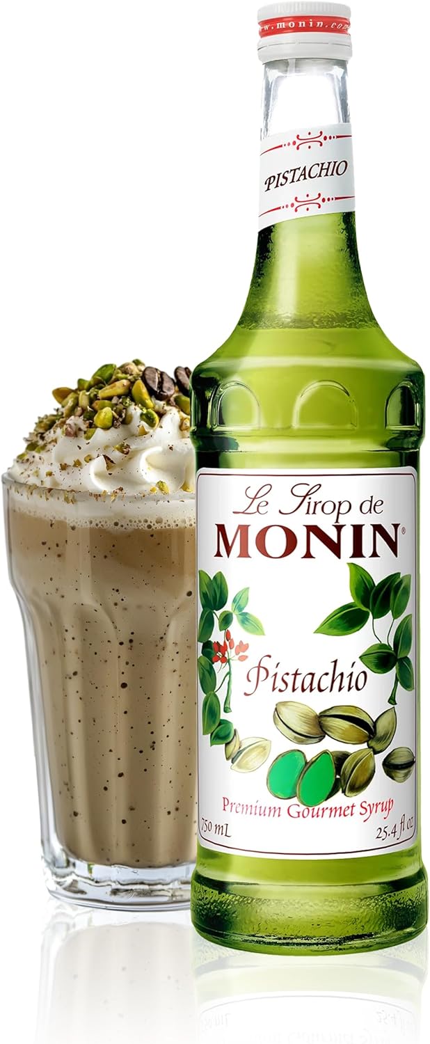 Monin - Pistachio Syrup | Rich & Buttery Sweetness, Premium Syrup for Coffee, Cold Brews & More | Clean Label with No Artificial Flavors, No Artificial Preservatives (BPA Free Bottle, 25.4 fl oz)