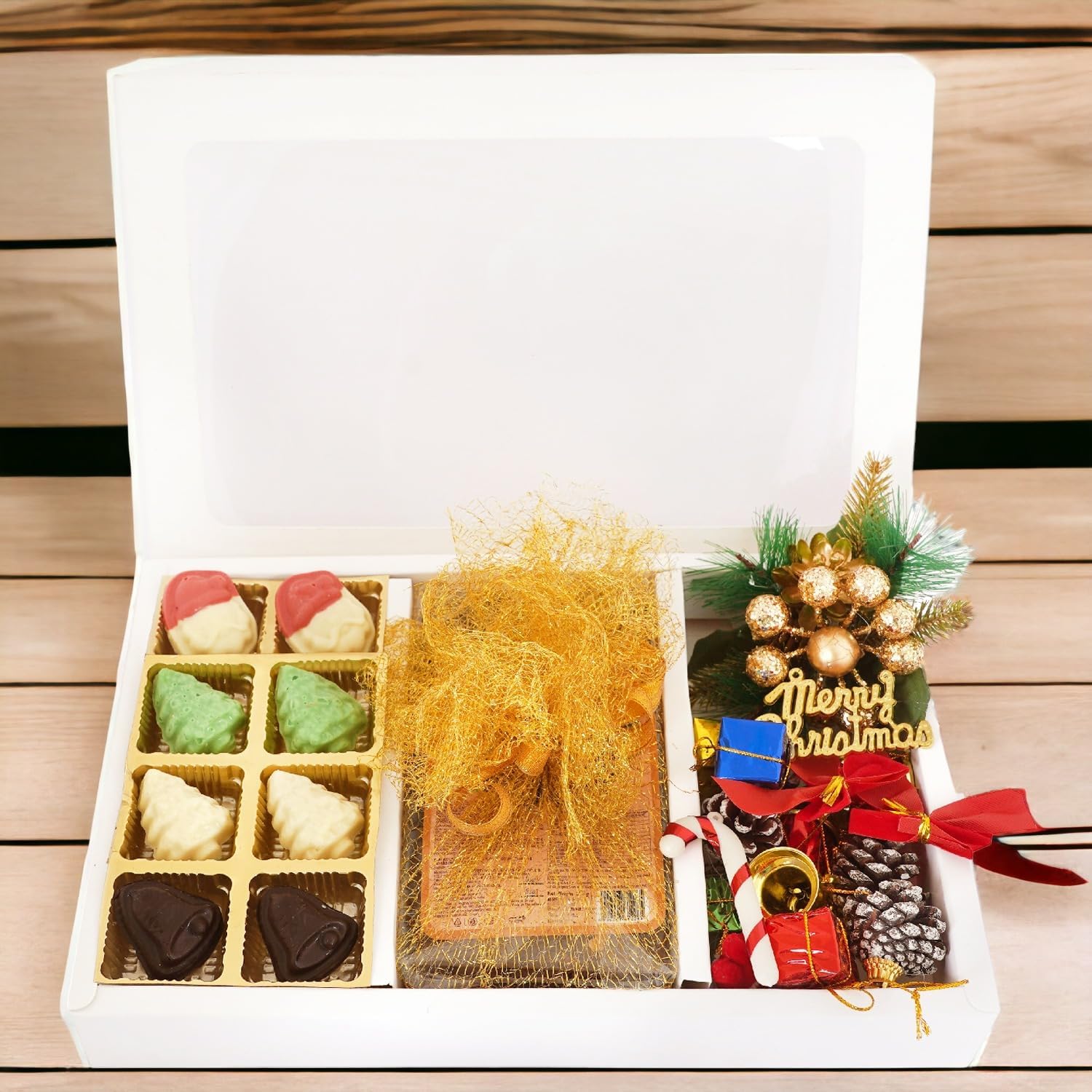 Ghasitaram Gifts Jaiccha Christmas Gifts White Christmas Hamper Box Big with chocolates, plum cake,wreath and décor