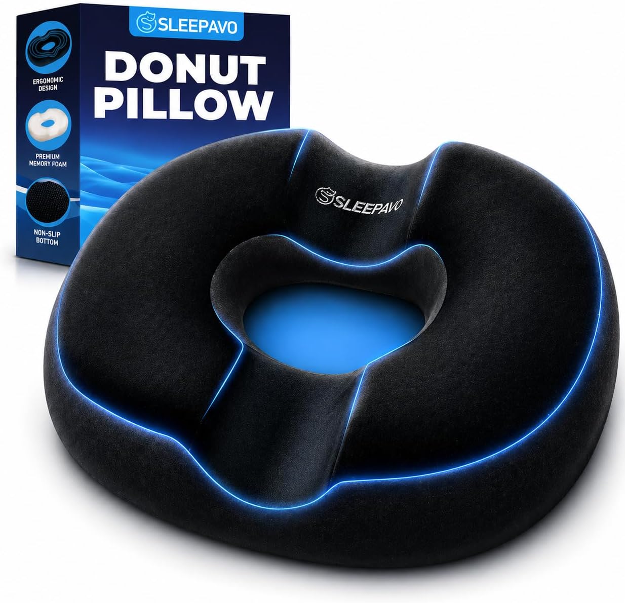 Sleepavo Butt Donut Pillow for Tailbone Pain Relief Cushion Medium - Hemorrhoid Pillows - Sitting Butt Pillow for Office Chair, Travel, Car, Coccyx, Sciatica, Postpartum Sitting Donut Seat Cushion