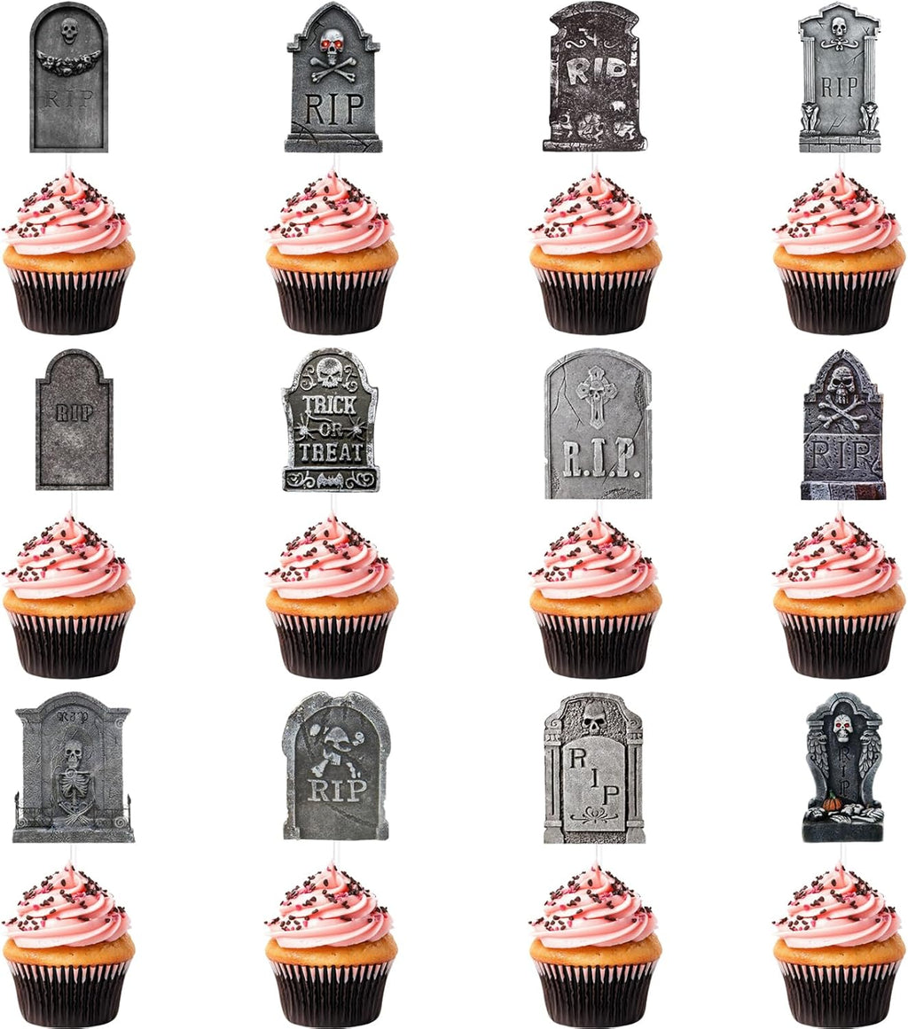 48 Halloween Cupcake Tombstones, Wooden Pile Veneer Cake Decorations Large and Strange Cemetery Designs, Ghost Skeletons, Halloween Party Props for Outdoor Decoration in Haunted Houses