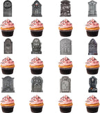 48 Halloween Cupcake Tombstones, Wooden Pile Veneer Cake Decorations Large and Strange Cemetery Designs, Ghost Skeletons, Halloween Party Props for Outdoor Decoration in Haunted Houses