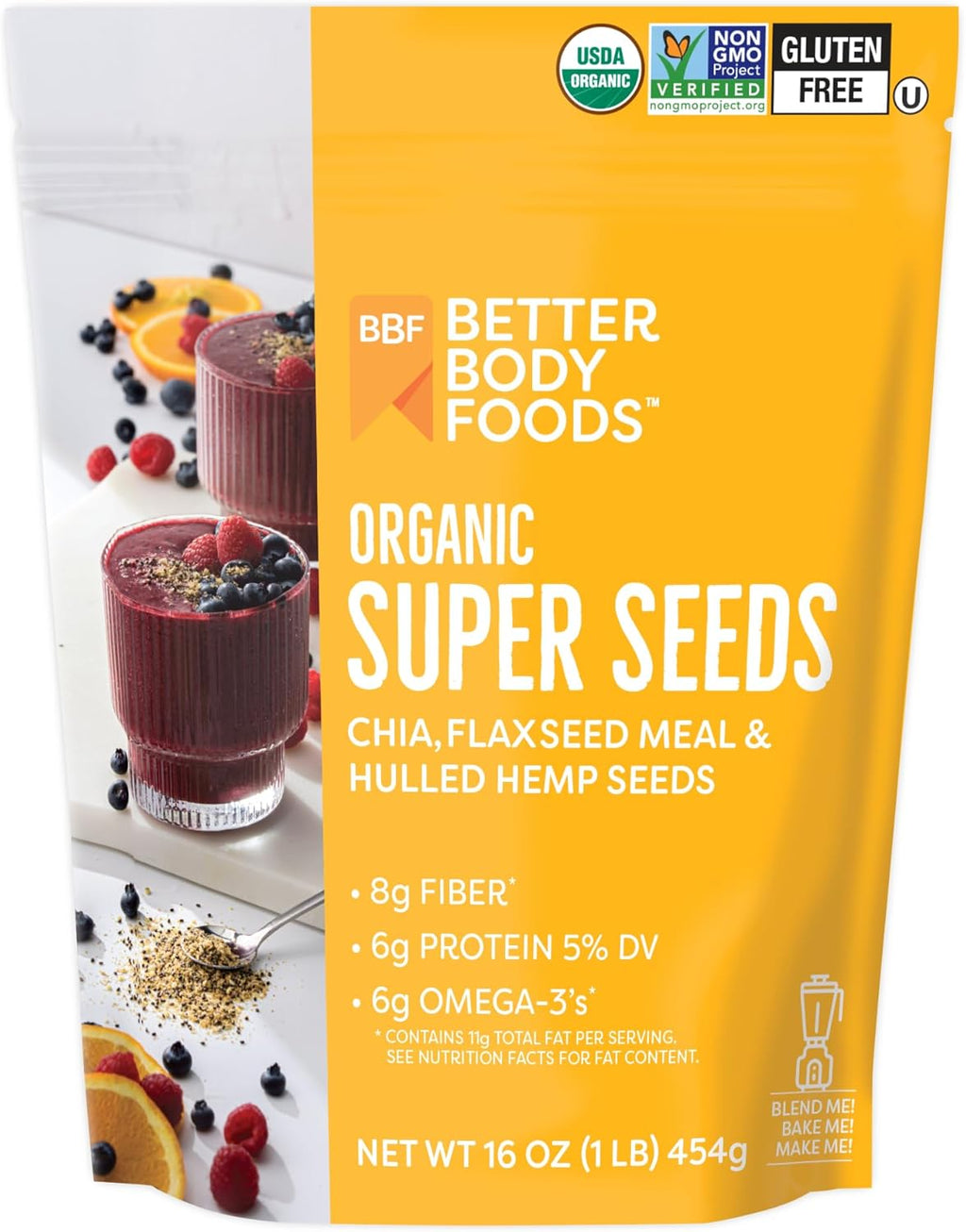 BetterBody Foods Superfood Organic Super Seeds - Blend of Organic Chia Seeds, Milled Flax Seed, Hemp Hearts, Add to Smoothies Shakes & More, 1lb, 16 oz