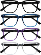OPULIZE LEO Reading Glasses for Women Men, Large Rectangular Frame with Spring Hinges, Black Blue Purple Clear +1.00 (Pack of 4)