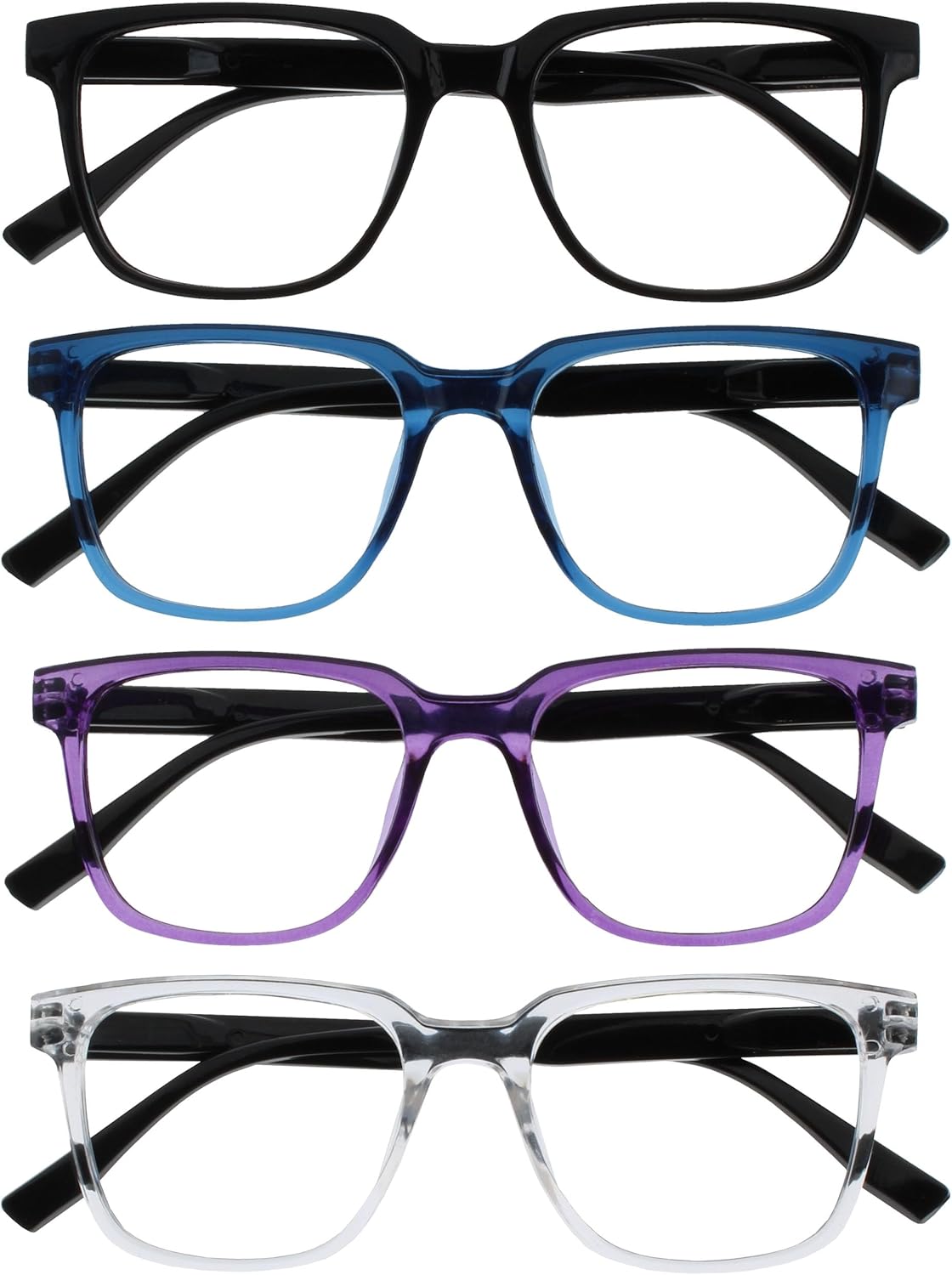OPULIZE LEO Reading Glasses for Women Men, Large Rectangular Frame with Spring Hinges, Black Blue Purple Clear +1.50 (Pack of 4)