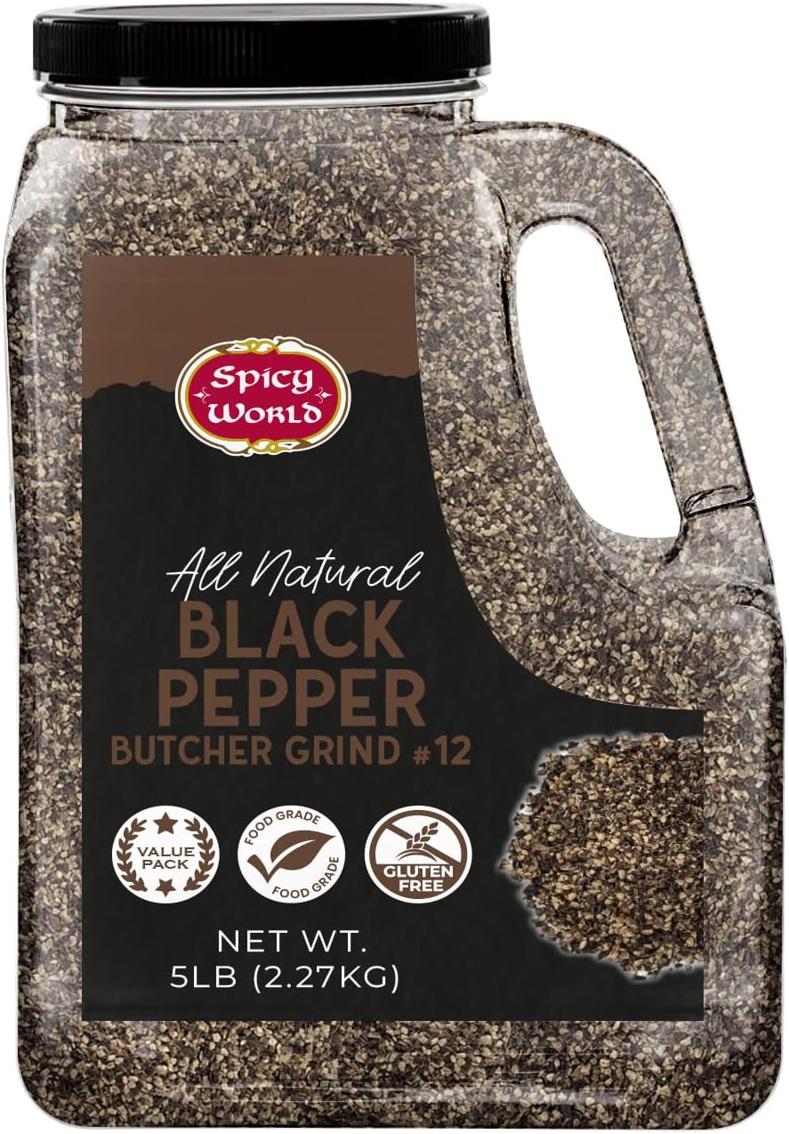 Black Pepper Ground Coarse 5 LB Bulk Jar Butcher Grind #12 – Premium Ground Black Peppercorns, All Natural, Gluten Free, Steam Sterilized – Restaurant Supply & BBQ Seasoning by Spicy World