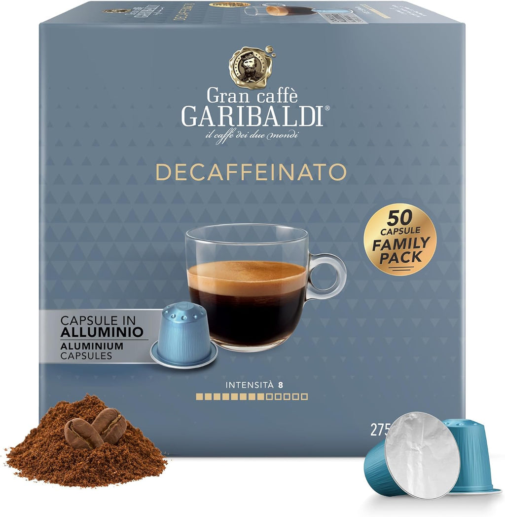 Gran Caffè Garibaldi Decaffeinated Espresso Pods, Italian Roast Coffee, Decaf Capsules Compatible with Nespresso Original Line Machines, Nitrogen Flushed, Intense & Rich Aroma - Decaffeinato (Aluminum) 50 Cups