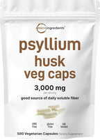 Micro Ingredients Psyllium Husk Capsules 3000mg, 500 Veg Caps | Soluble Fiber Supplement for Women & Men | Natural Prebiotics & Probiotics Fiber Supplements for Gut & Digestive Health | Non-GMO
