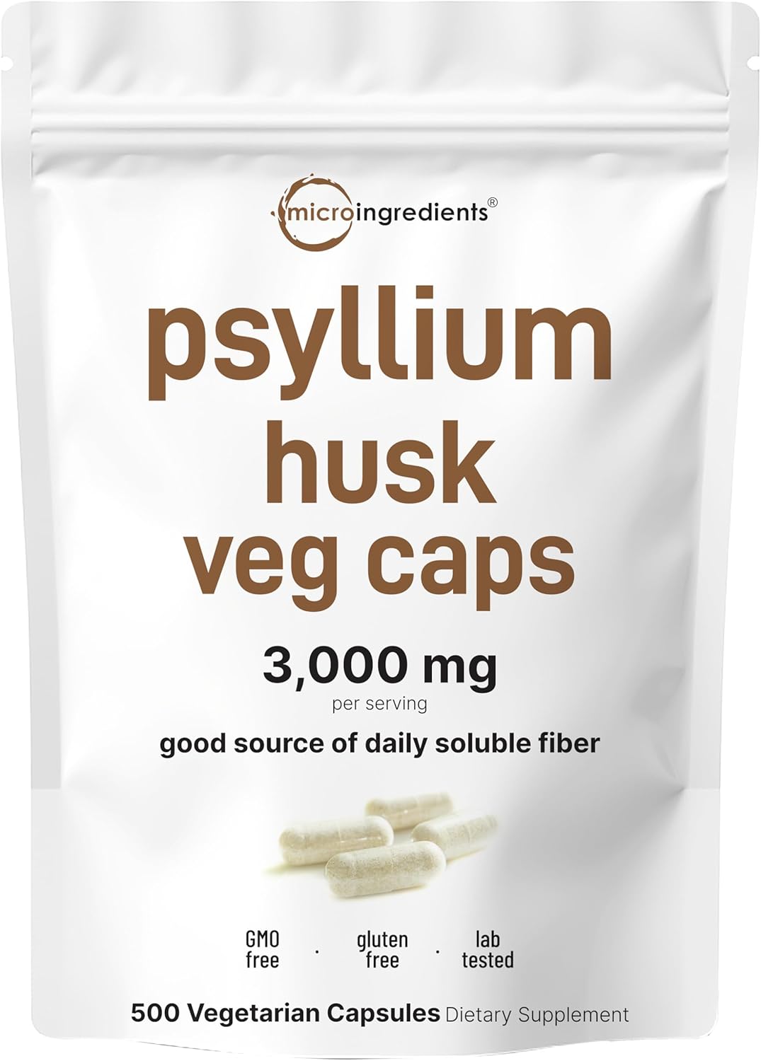 Micro Ingredients Psyllium Husk Capsules 3000mg, 500 Veg Caps | Soluble Fiber Supplement for Women & Men | Natural Prebiotics & Probiotics Fiber Supplements for Gut & Digestive Health | Non-GMO