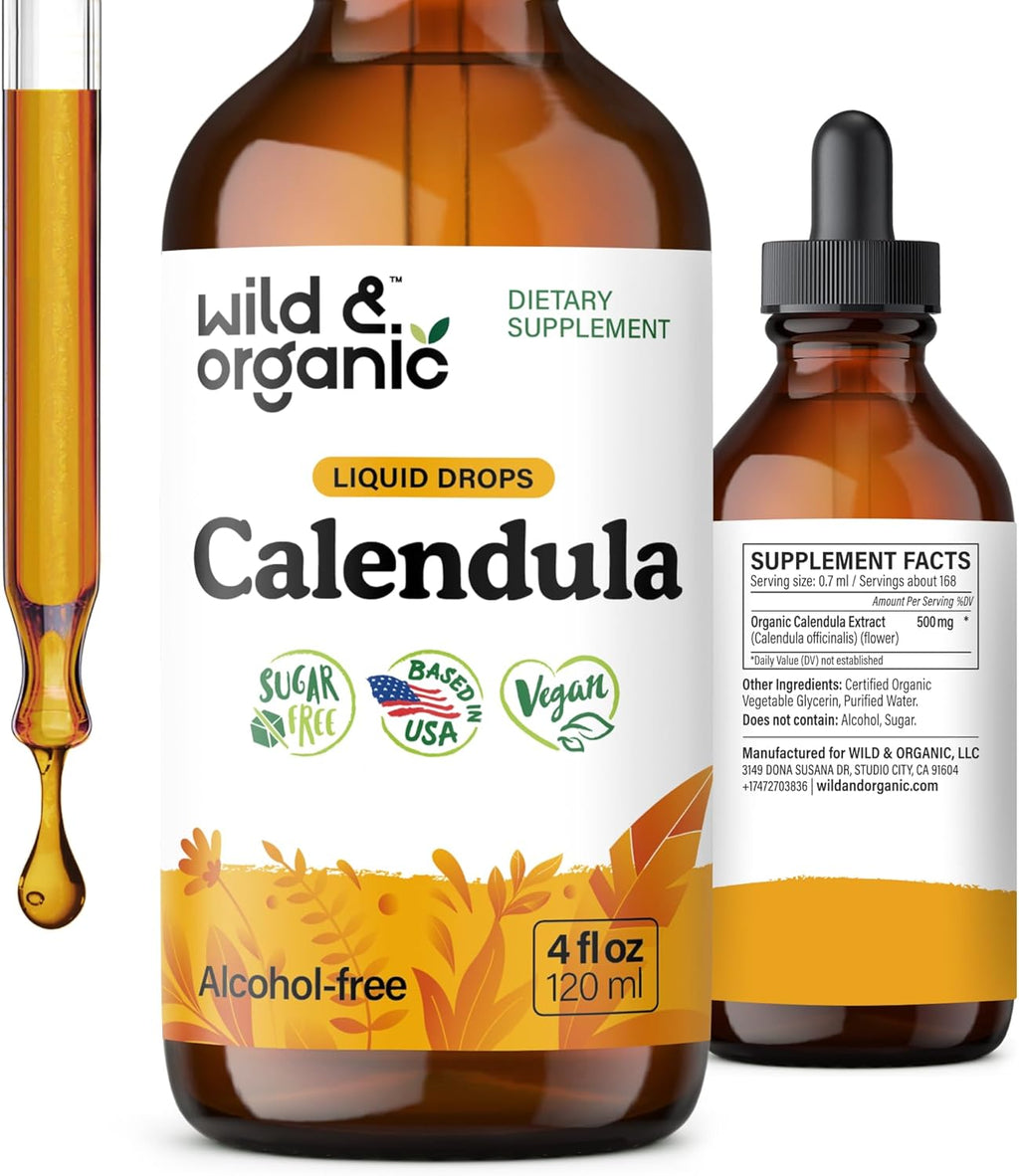 Wild & Organic Calendula Flowers Supplement - Antioxidant, Immune & Skin Support - Add to Tea Extract Drops - Calendula Herb Tincture - Vegan, Alcohol & Sugar-Free - 4 fl oz