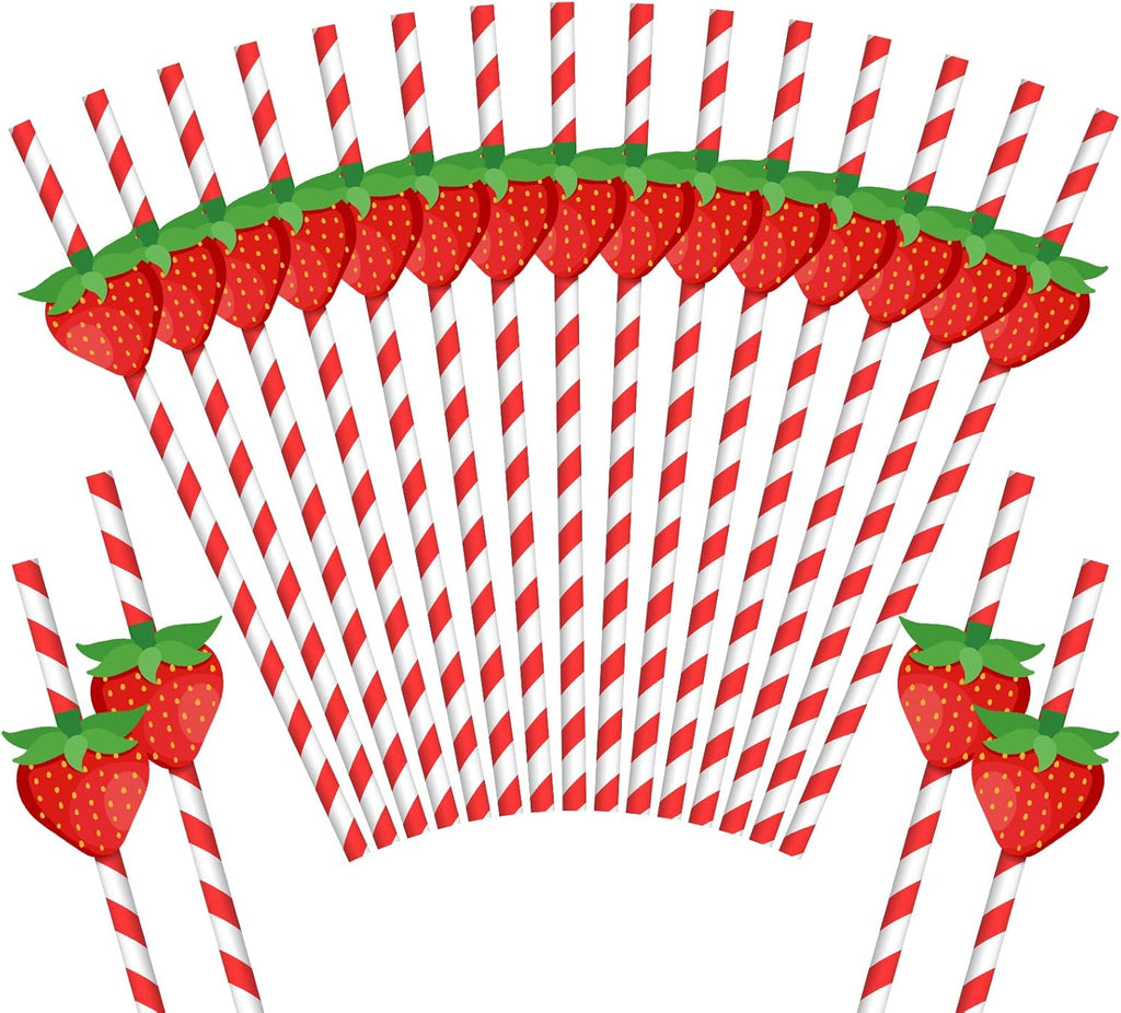 Vesici 100 Pcs Strawberry Straws Red White Striped Paper Straw Sweet Fruit Theme Disposable Drinking Decor for Summer Berry Fruit Birthday Bridal Baby Shower Wedding Party Supplies 0.24 x 7.76 Inches