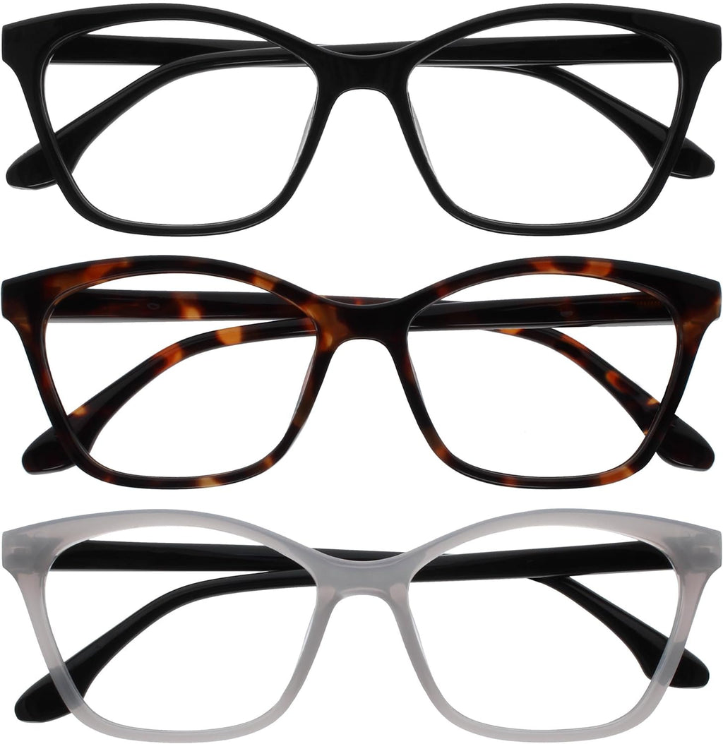 OPULIZE KAT Reading Glasses for Women Men, Cat-Eye Frame with Spring Hinges, Black Brown Grey +2.00 (Pack of 3)