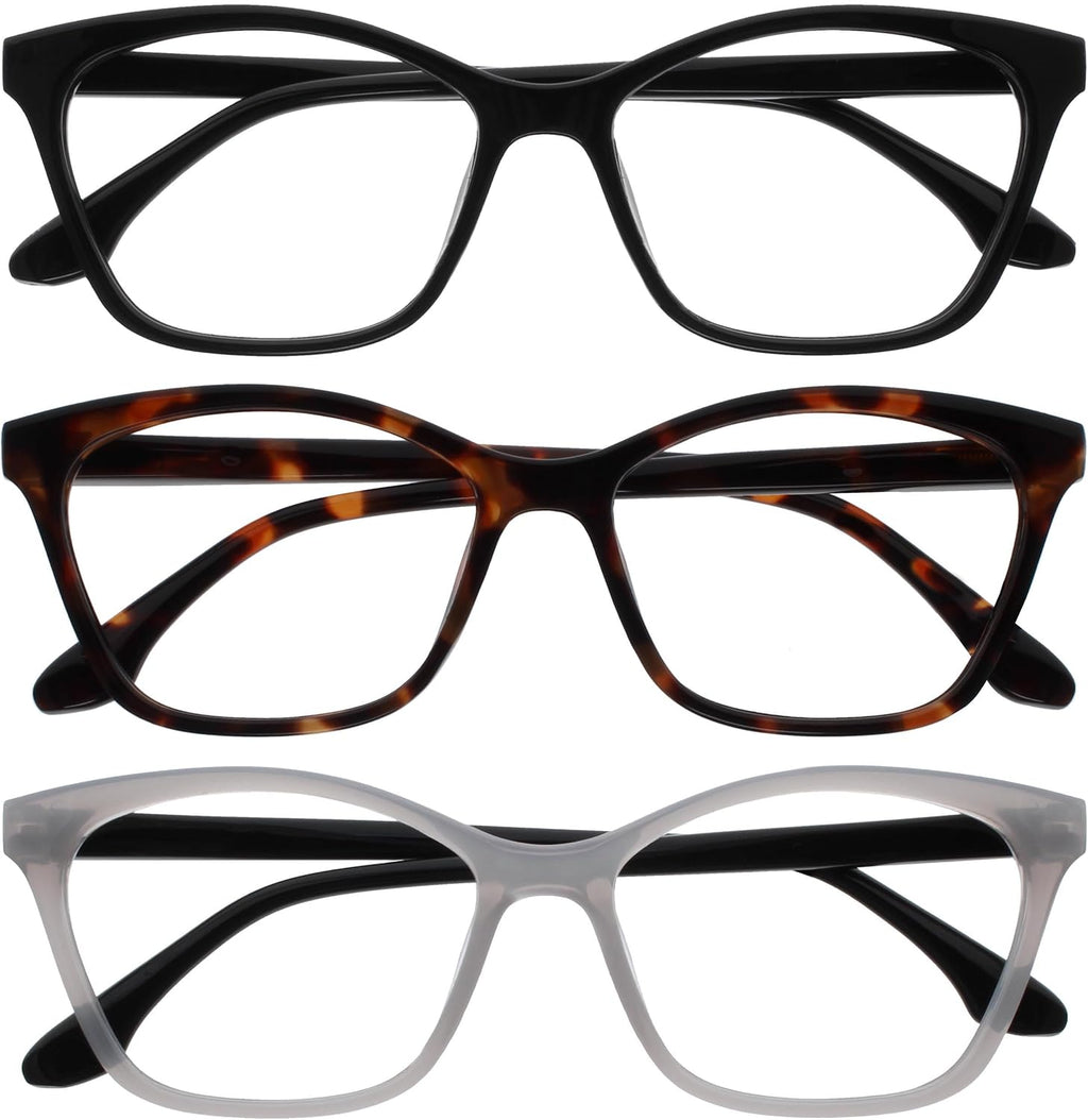 OPULIZE KAT Reading Glasses for Women Men, Cat-Eye Frame with Spring Hinges, Black Brown Grey +2.50 (Pack of 3)