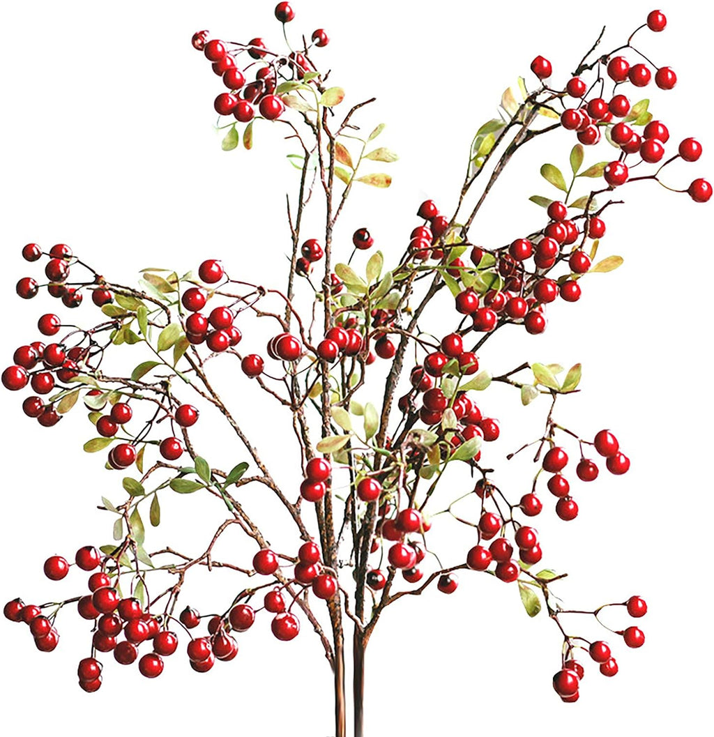 Firlar Artificial Red Berry Branch Long Stem Berry Picks, 4 PC 27.5 Inch Faux Holly Artificial Berry Branches Bouquet for Vase Wedding Christmas Decor