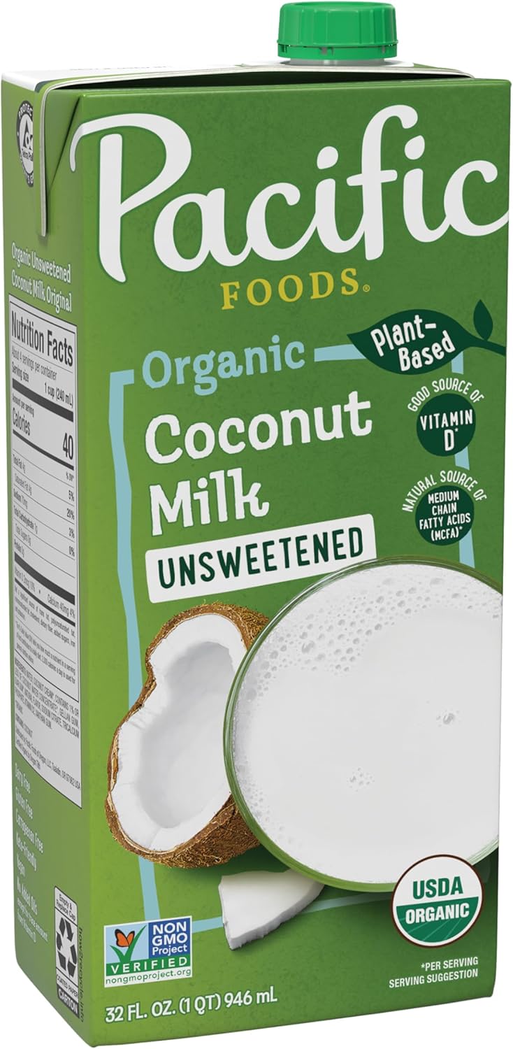 Pacific Foods Organic Unsweetened Coconut Milk, Plant Based Milk, 32 oz Carton