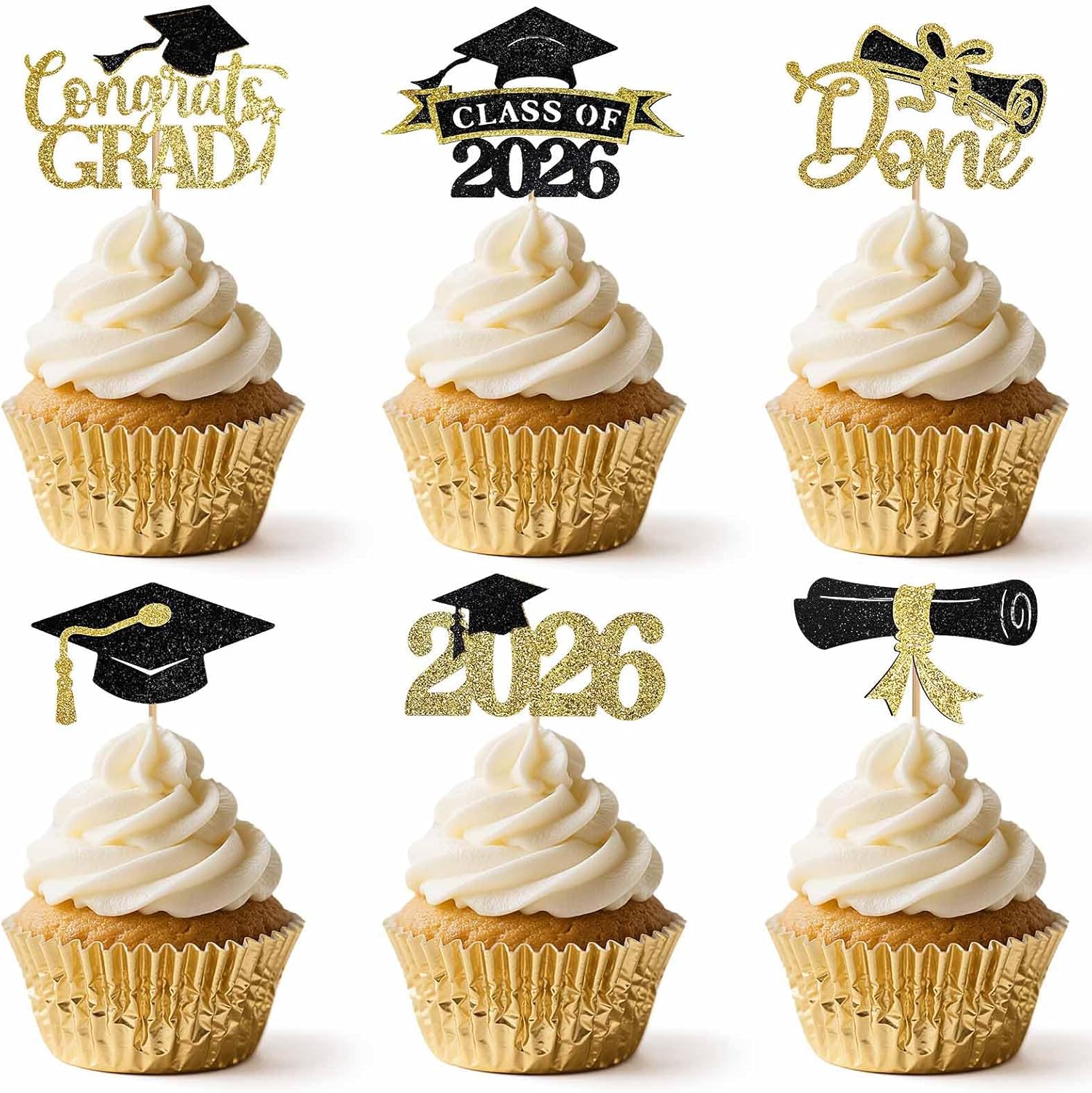 48PCS Graduation Cupcake Toppers 2026, Glitter Class of 2026 Cupcake Toppers, Graduation Cake Decorations for Party Centerpieces, Family Celebrations(Black&Gold)