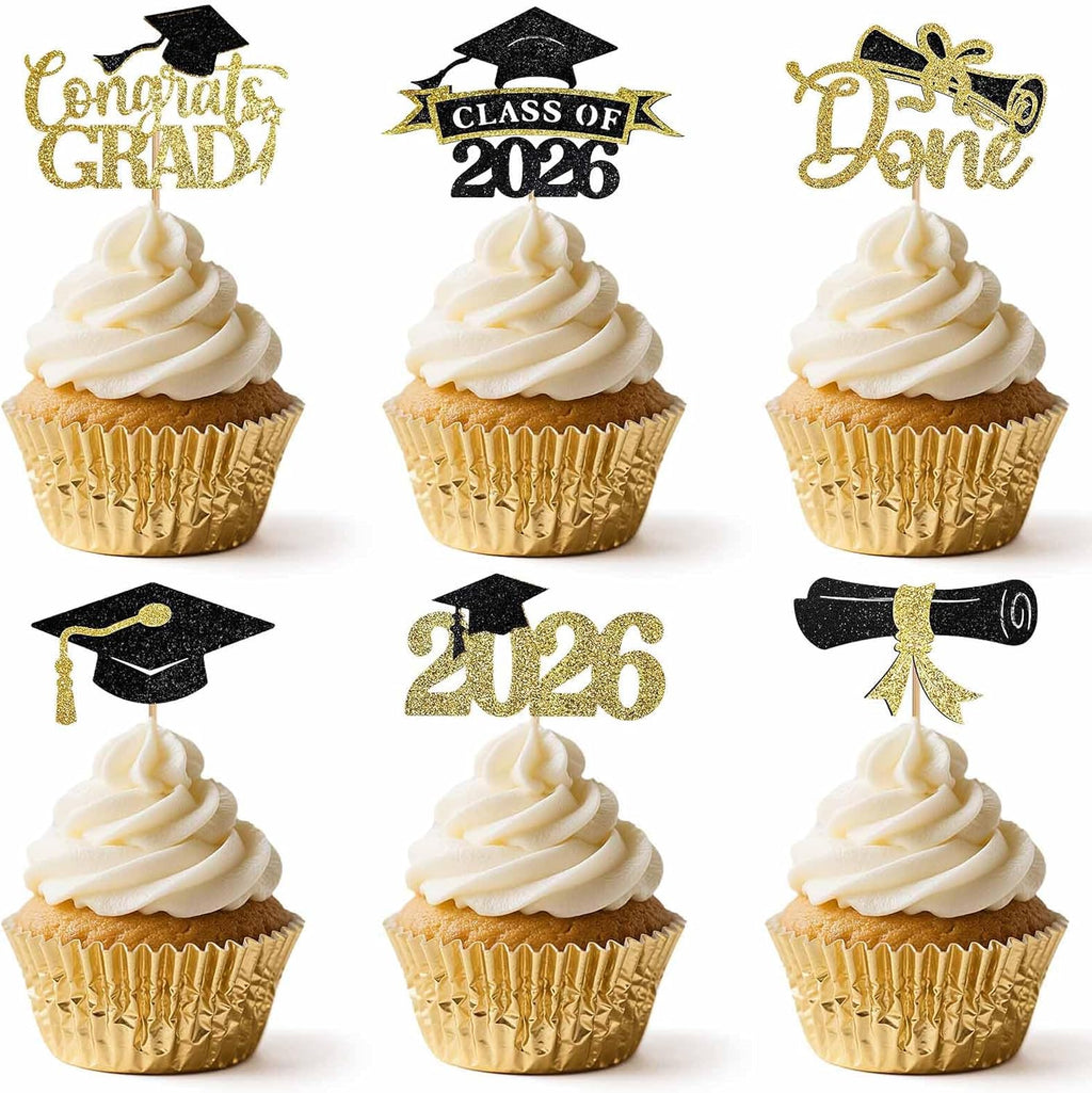 48PCS Graduation Cupcake Toppers 2026, Glitter 2026 Grad Cupcake Topper, Graduation Cake Decorations for Party Centerpieces, Family Celebrations(Black&Gold)