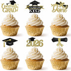 48PCS Graduation Cupcake Toppers 2026, Glitter 2026 Grad Cupcake Topper, Graduation Cake Decorations for Party Centerpieces, Family Celebrations(Black&Gold)