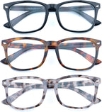 3 Pack Reading Glasses for Women Men Full Lens Readers PC Frame Fixed Hinge One Power Eyewear, Black + Brown Tortoiseshell + Pea Color, +1.50