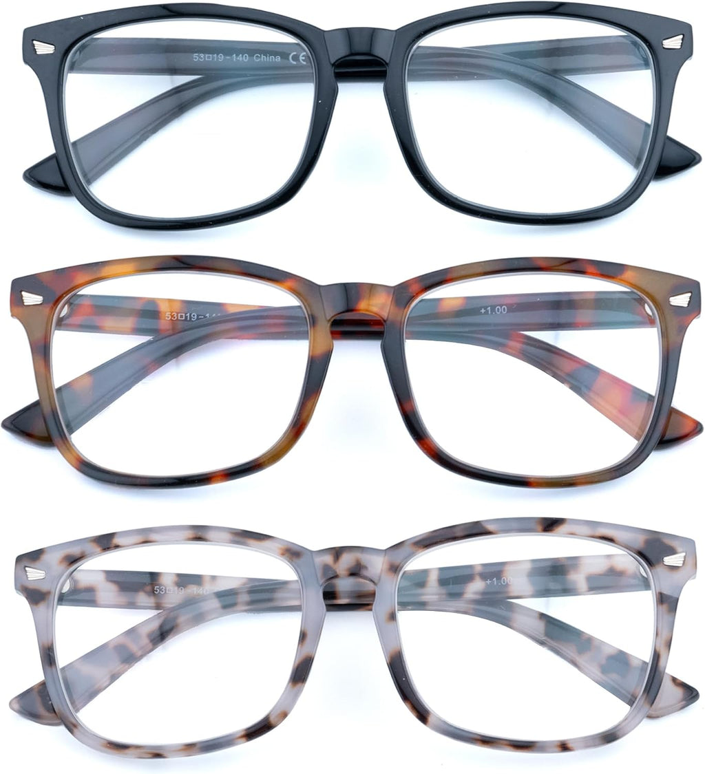 3 Pack Reading Glasses for Women Men Full Lens Readers PC Frame Fixed Hinge One Power Eyewear, Black + Brown Tortoiseshell + Pea Color, +2.50