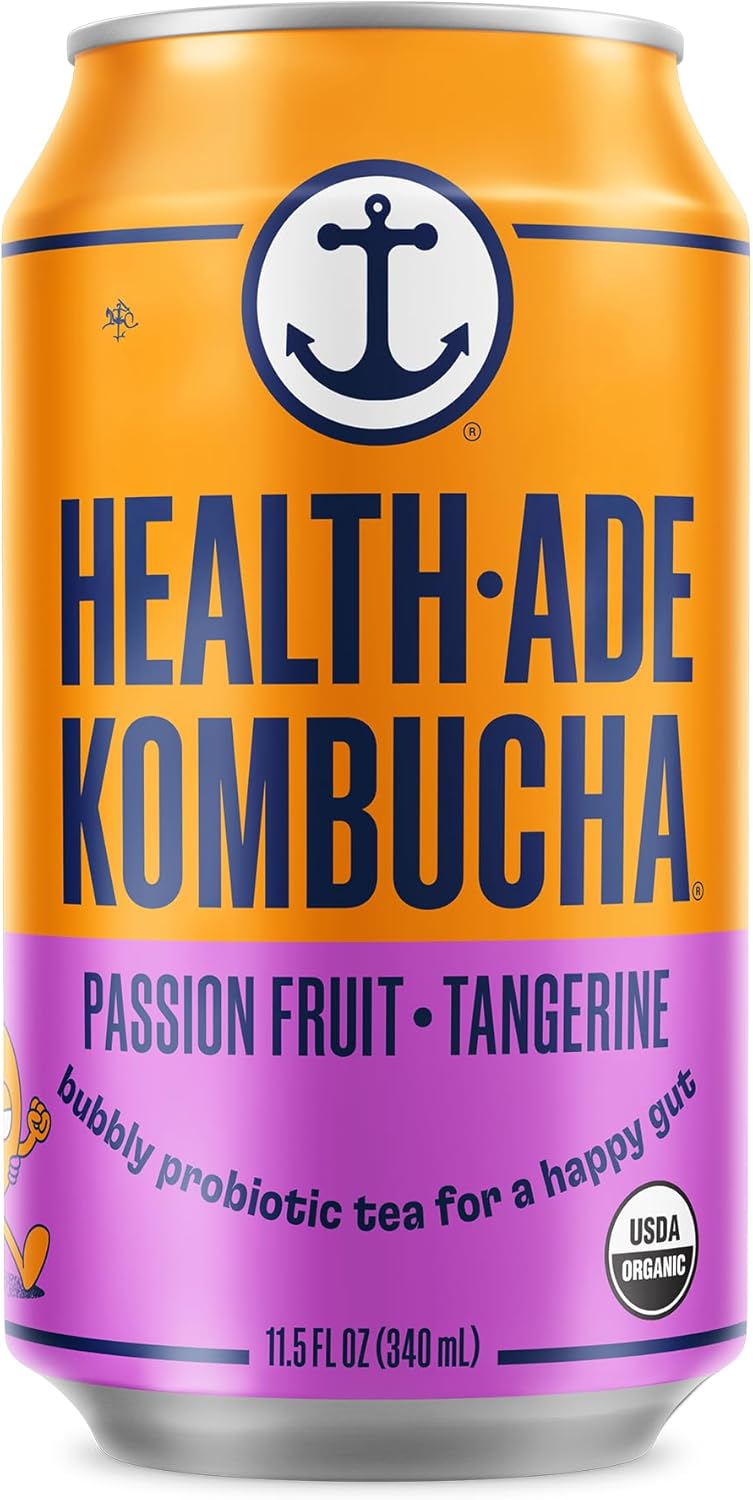 Health-Ade Passion Fruit-Tangerine Kombucha, Organic Drink, 12-Pack (11.5 Fl Oz Cans) – Fermented Tea with Probiotics, Non-GMO, Vegan, Gluten-Free