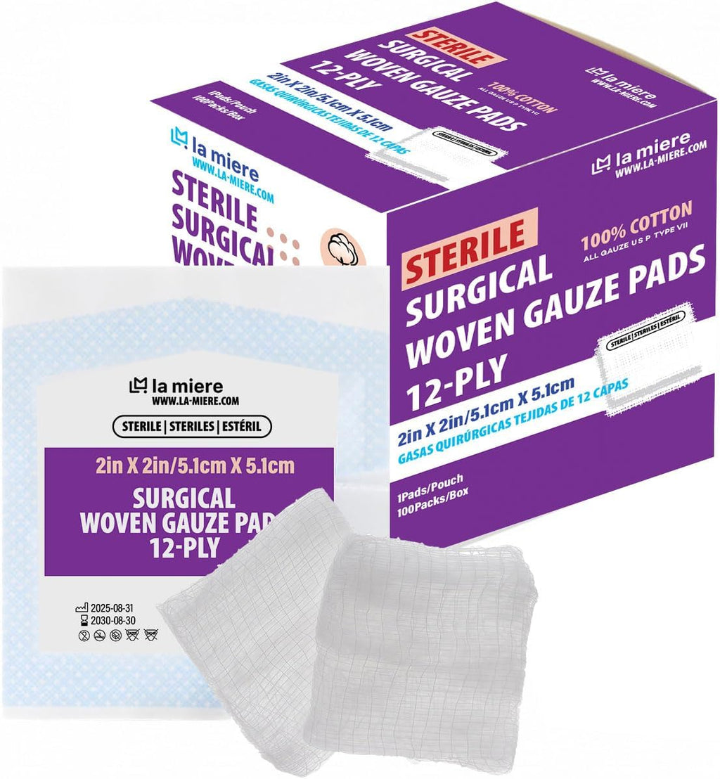 LA MIERE Gauze Swabs, 2"x2" -100P, 12-Ply, Sterile 100% Cotton Gauze Pads, All-Purpose Dental and Surgical Sponges for Wound Carel