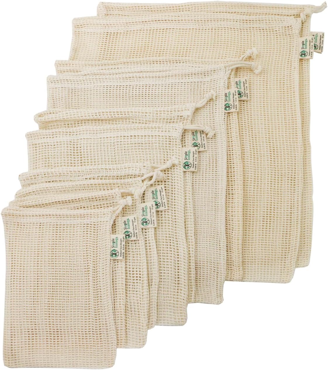 Simple Ecology Reusable Grocery Produce Shopping and Storage Bags, Organic Cotton Mesh, Set of 10 (2 ea. XL, L, M, S, XS)