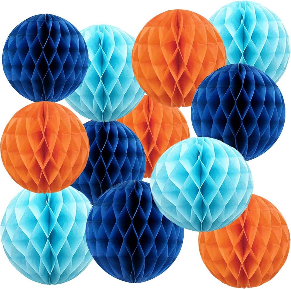 Orange and Blue Rainbow Paper Honeycomb Balls,6 and 10 inch Hanging Tissue Pompoms,12 Pack Party Decorations