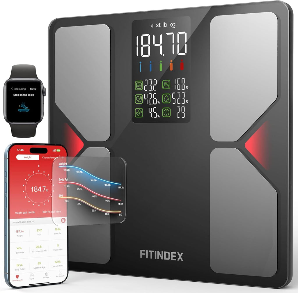 FITINDEX Smart Scale with BMI, Body Fat, Muscle Mass, Scale for Body Weight and Fat Percentage, High Accurate Bluetooth Scale with Large Display, 13 Body Composition Analyzer Sync APP, 500lbs, 11.8"