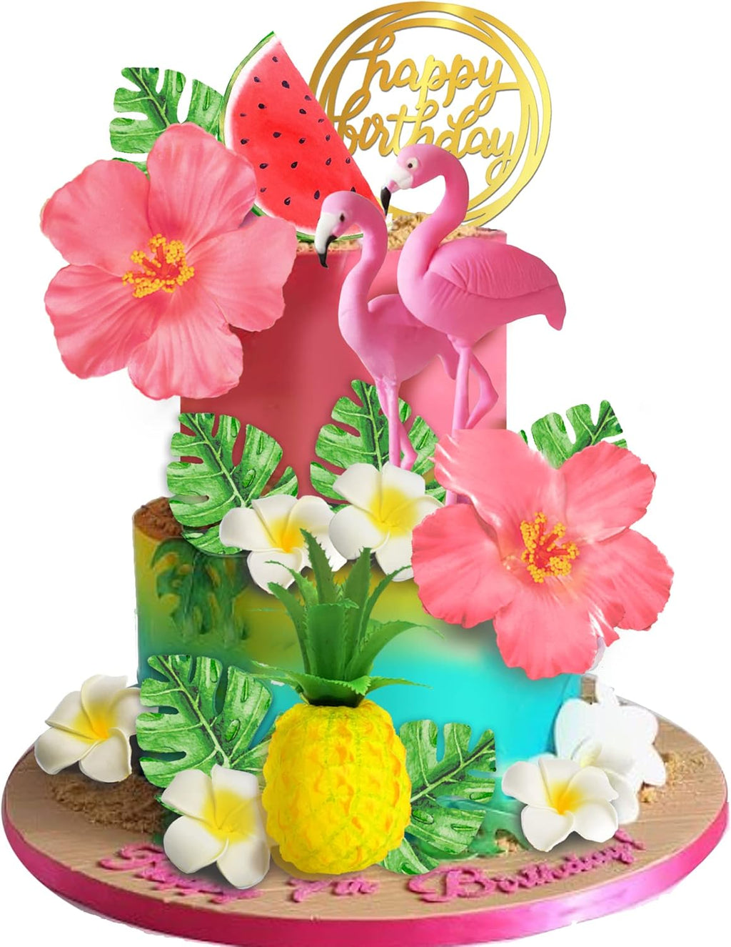 Flamingo Cake Toppers Summer Cake Decorations Pineapple and Hibiscus Flower Palm Leaf Cake Toppers for Tropical Hawaiian Beach Luau Themed Birthday Supplies (Style 1)