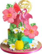 Flamingo Cake Toppers Summer Cake Decorations Pineapple and Hibiscus Flower Palm Leaf Cake Toppers for Tropical Hawaiian Beach Luau Themed Birthday Supplies (Style 1)
