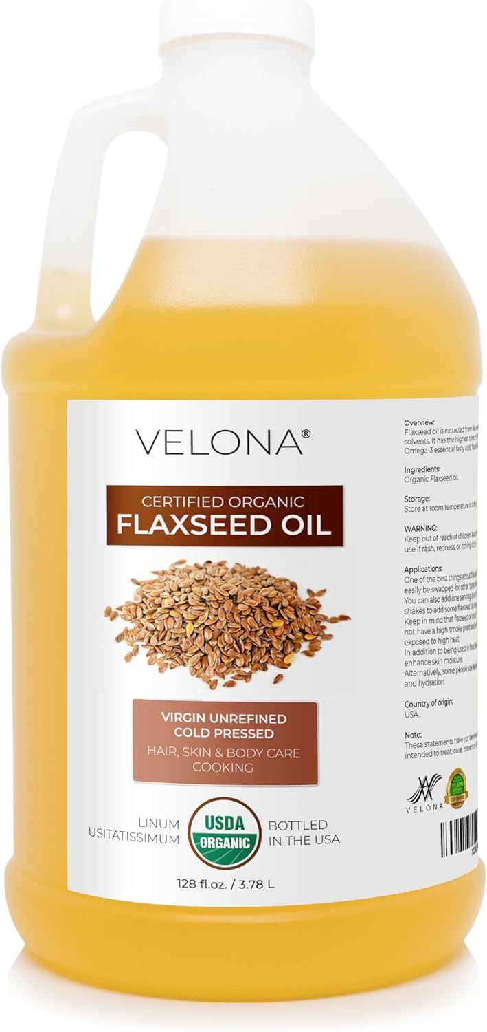 velona USDA Certified Organic Flaxseed Oil - 1 Gallon / 128 Fl Oz |100% Pure and Natural Carrier Oil | Unrefined, Cold Pressed | Body, Face & Skin Care | Use Today - Enjoy Results