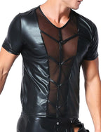 FEOYA Men’s Leather Shirts Short Sleeve Slim Fit Tops Short Sleeve Round Neck Clubwear Sexy Black Leather T-Shirts