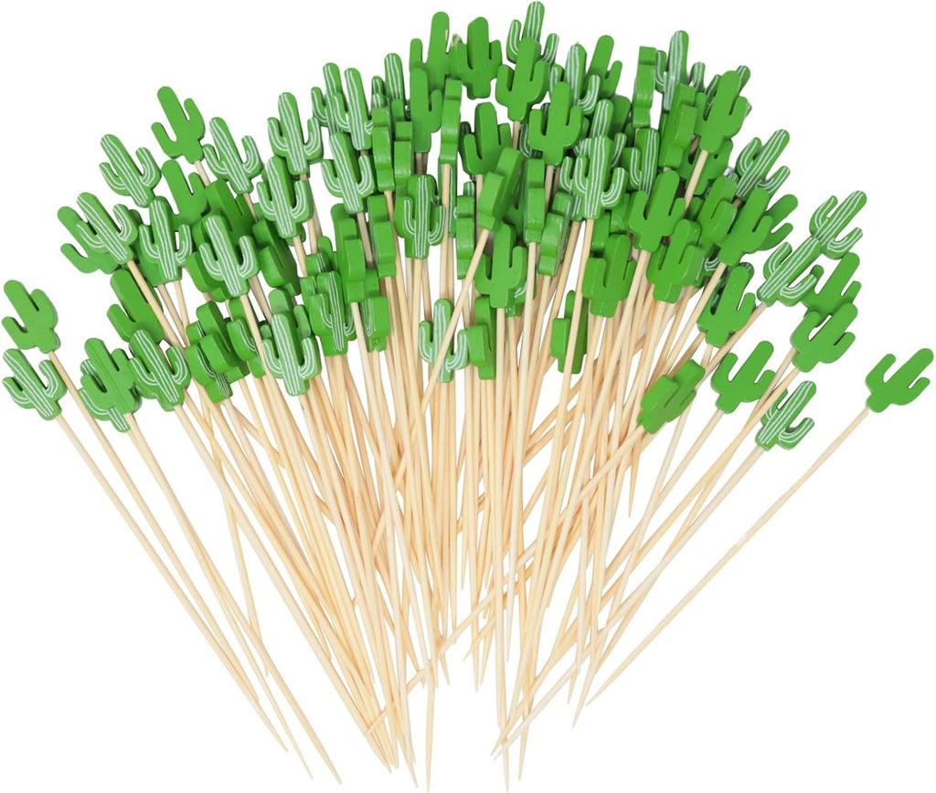 Honbay 100PCS Tropical Cactus Bamboo Cocktail Picks Fruit Food Hamburger Toothpicks Cupcake Toppers Sandwich Appetizer Decorative Skewers Drink Garnish Hawaiian Luau Party Birthday Decoration Sticks