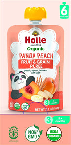 Holle Organic Baby Food Pouches - Panda Peach Baby Puree with Peach, Banana, Apricot & Spelt - (6 Pack) Organic Baby Snacks + Fruit and Veggie Pouches for Weaning Babies 6 Months and Older