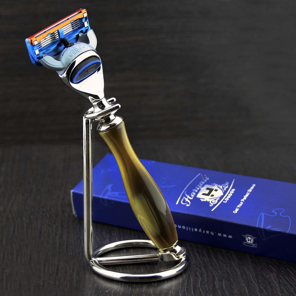 Haryali London 5 Edge Shaving Razor With Horn Replica Handle and Chrome Plated Stainless Steel Stand Perfect Set For Mens