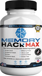 Memory Hack Max Brain Support Supplement, Extra Strength with Herbal Ingredients, 60 Capsules, 30-Day Supply (1)