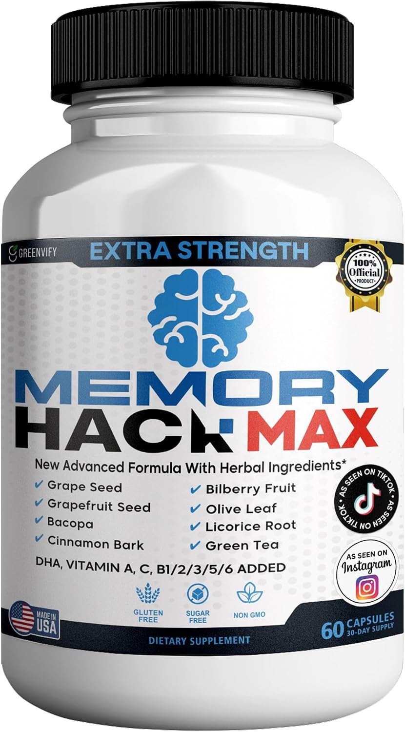 Memory Hack Max Brain Support Supplement, Extra Strength with Herbal Ingredients, 60 Capsules, 30-Day Supply (1)