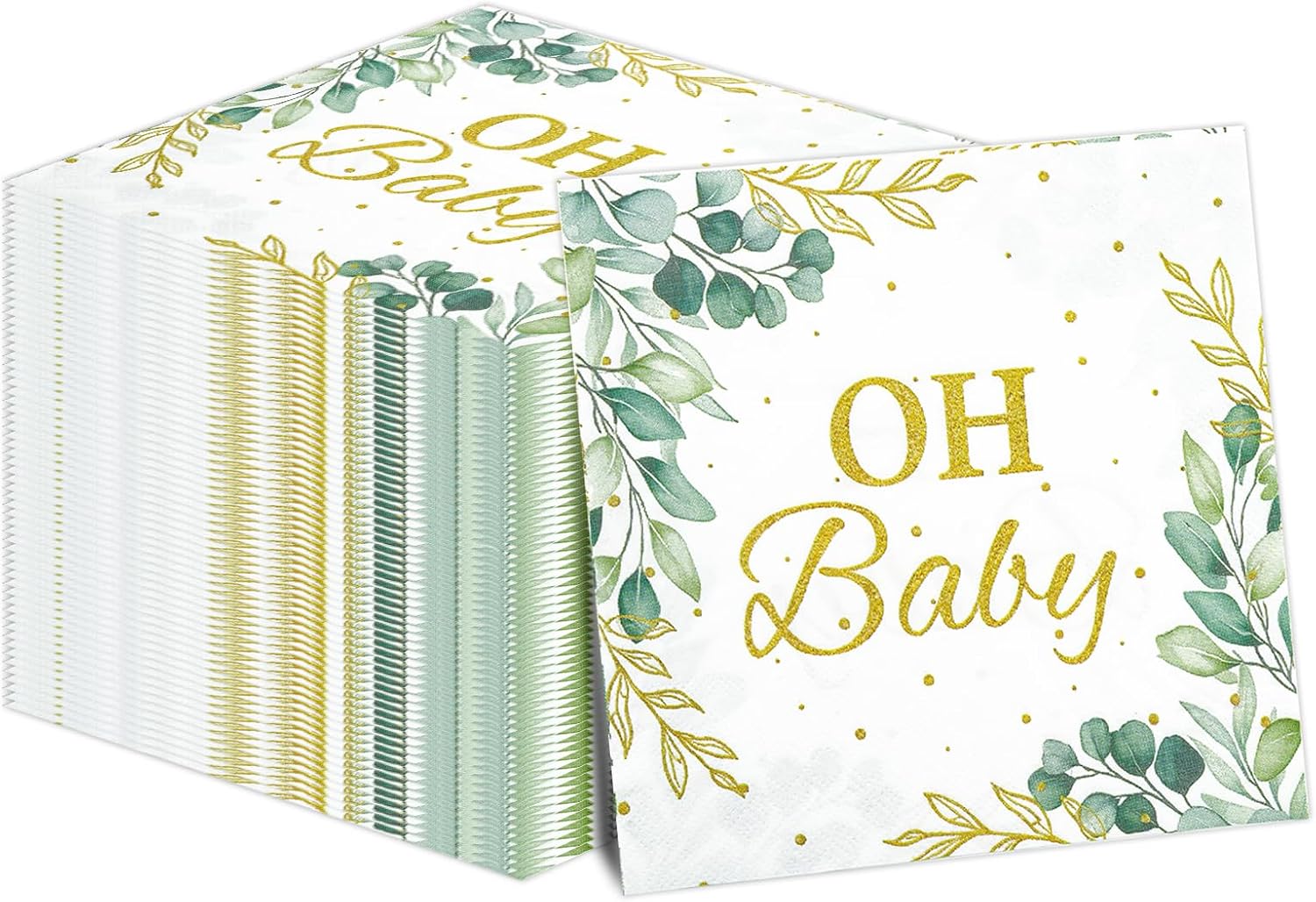 50pcs Eucalyptus Leaf Oh Baby Napkins Greenery Baby Shower Party Supplies Sage Green Luncheon Napkins Disposable Paper Napkins for Baby Shower Boys Girls Kids Table Decorations