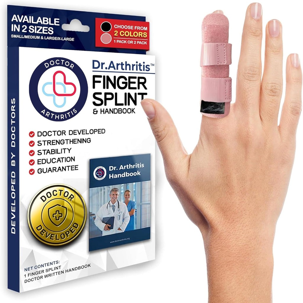 Doctor Developed Finger Splint & Handbook - Trigger Finger, Arthritis, RSI - Fits Ring, Index, Pinky & Middle - 2 sizes (Pink, S/M)