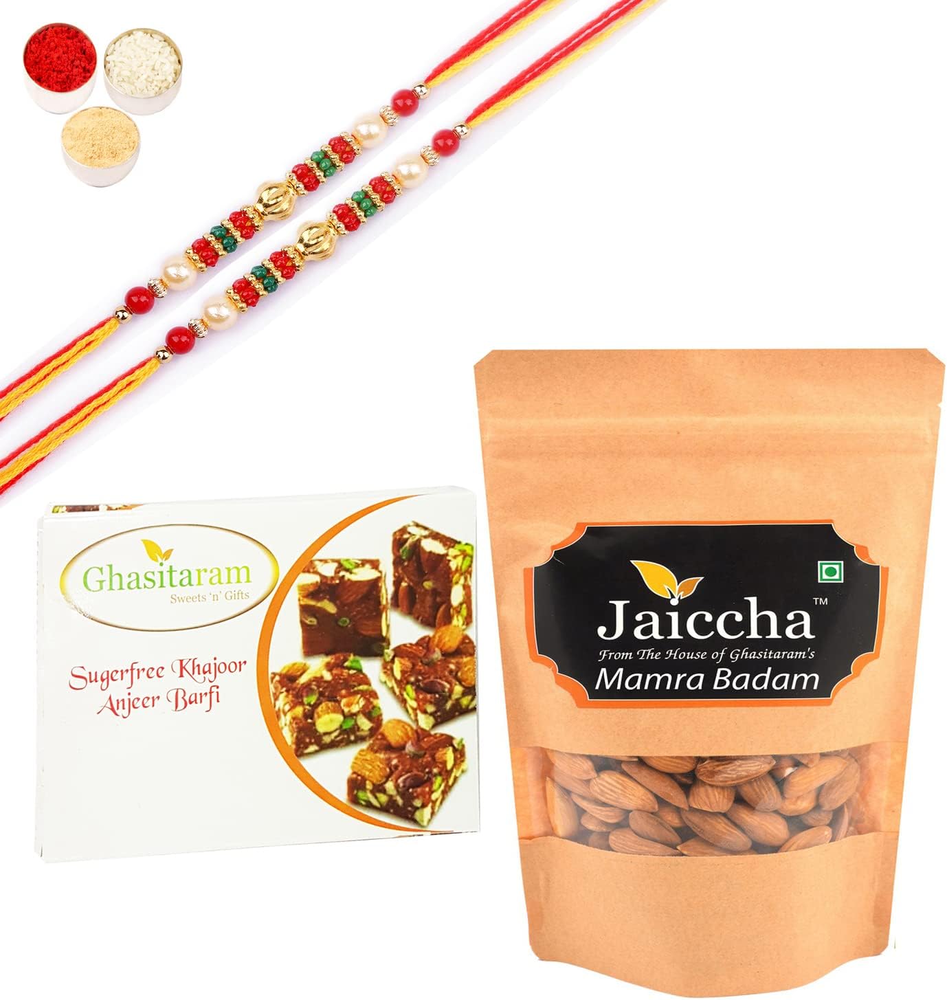 Ghasitaram Gifts Rakhi Gifts for Brothers Rakhi Sweets - Best of 2 Sugarfree Figs and Dates Bites, and Mamra Almonds with 2 Pearl Beads Rakhis