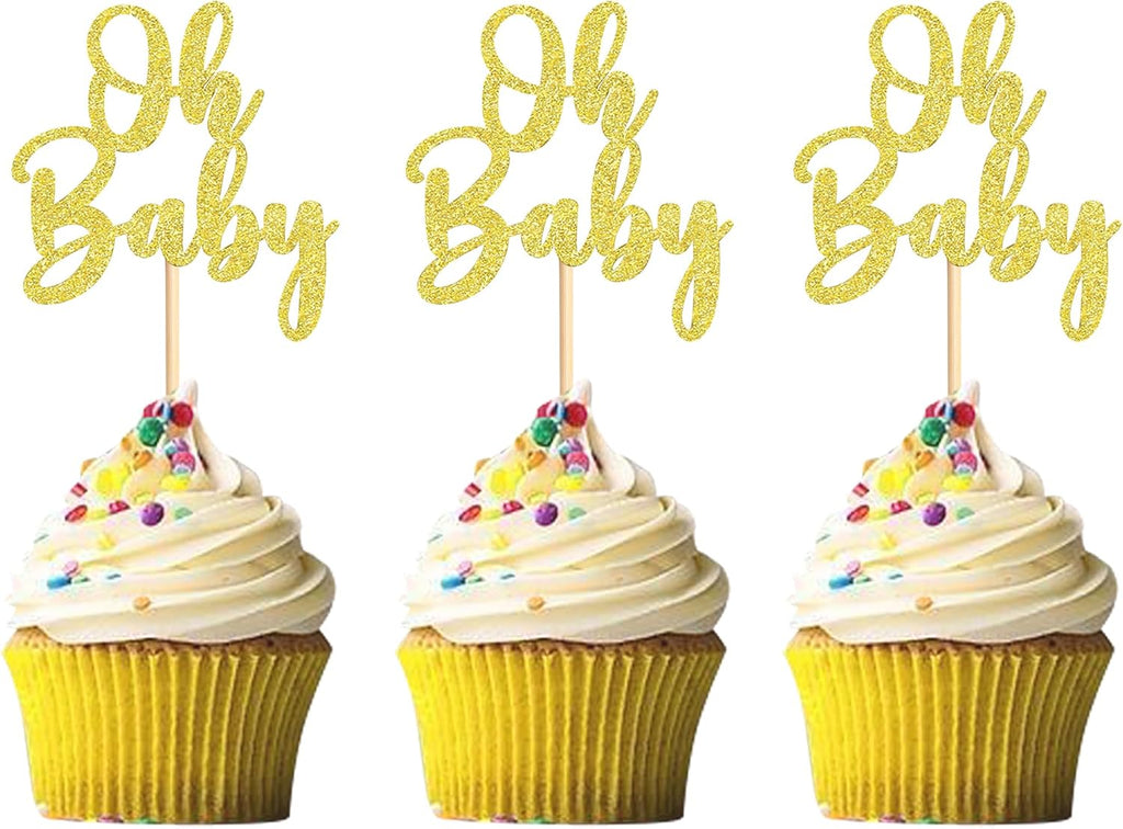 24Pack Oh Baby Cupcake Toppers Glamorous Glitter Baby Shower Cupcake Picks Decorations for Celebrating Kids Birthday Party Supplies Gold