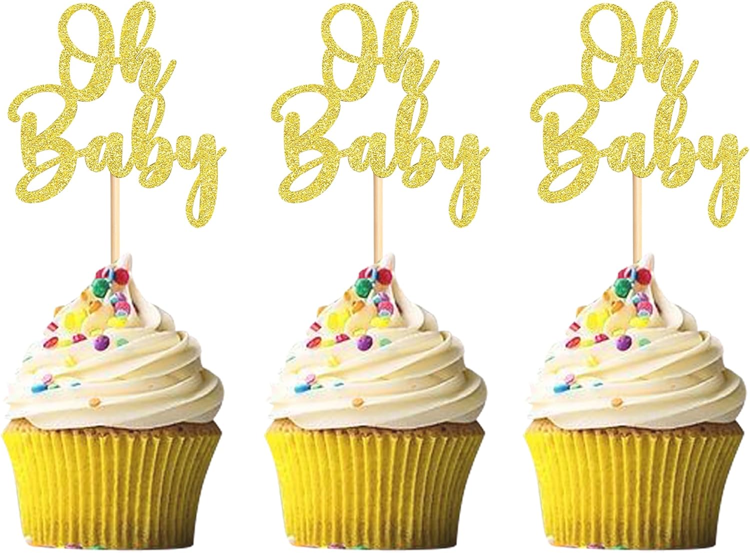 24Pack Oh Baby Cupcake Toppers Glamorous Glitter Baby Shower Cupcake Picks Decorations for Celebrating Kids Birthday Party Supplies Gold