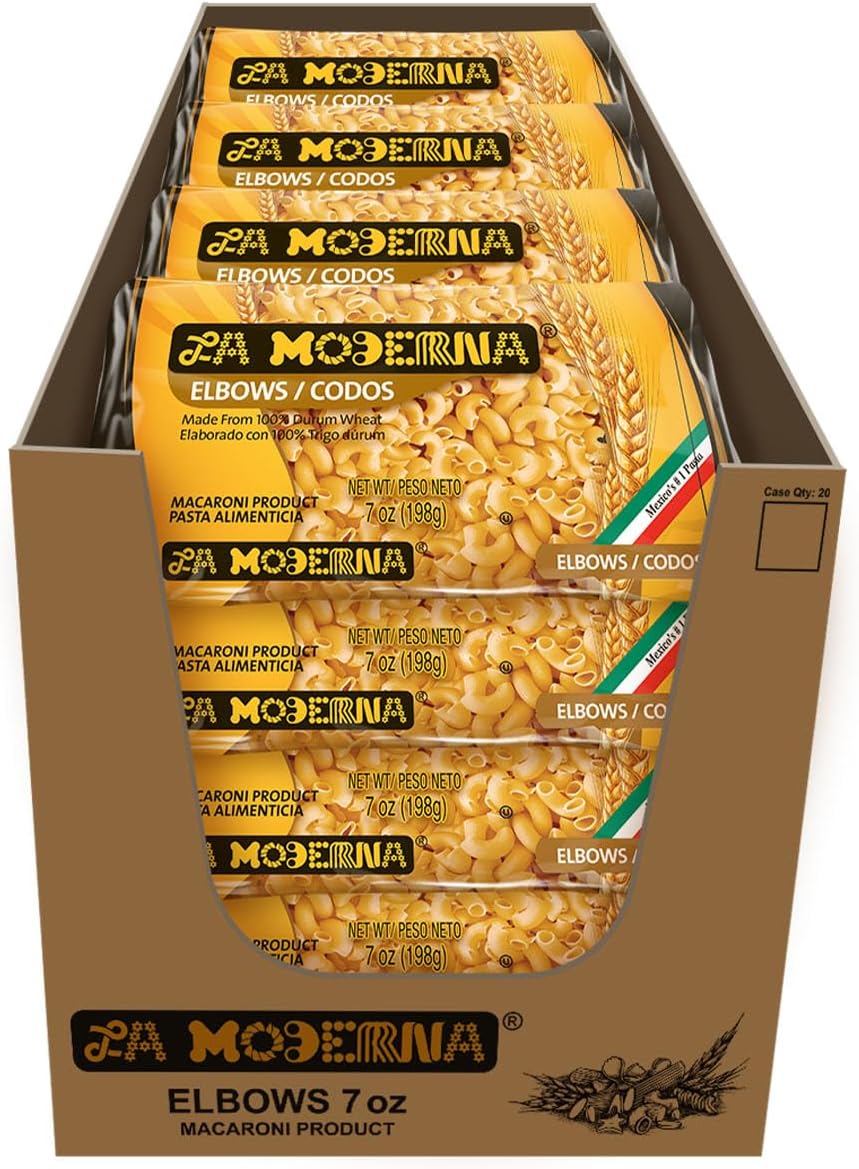 LA MODERNA, Elbow Codos Pasta, 7 oz (Pack of 20) | Enriched Durum Wheat Semolina | Kosher, Non-GMO, Iron and Vitamin-Fortified | Family-Size Value Pack for Soups, Macaroni, Salads, and Casseroles