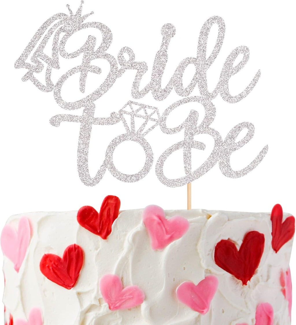 1 PCS Bride to Be Cake Topper with Glitter Ring Bridal Shower Cake Pick Decorations for Wedding Engagement Theme Bachelorette Party Supplies Silver